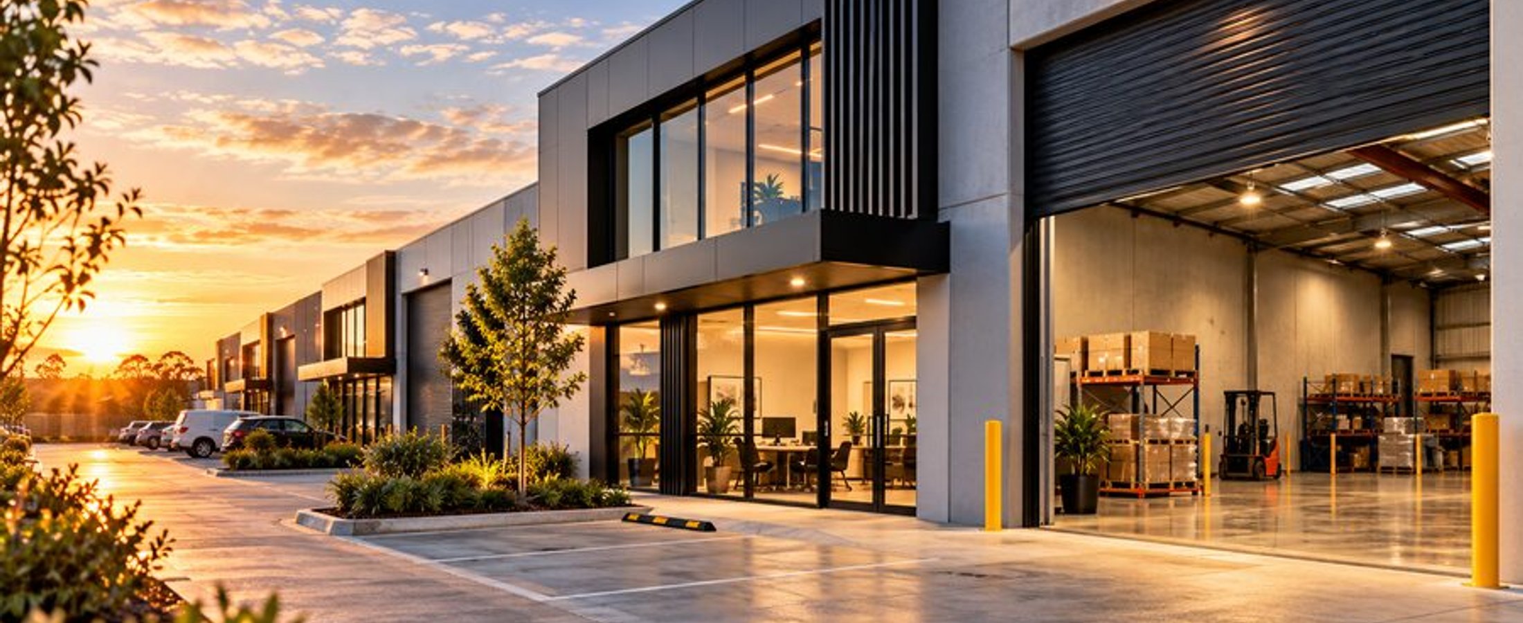 Modern industrial estate with a glass office and open warehouse at golden hour