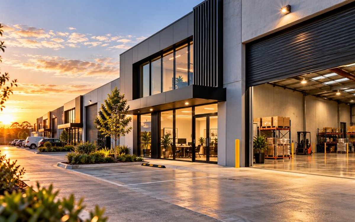 Modern industrial estate with a glass office and open warehouse at golden hour