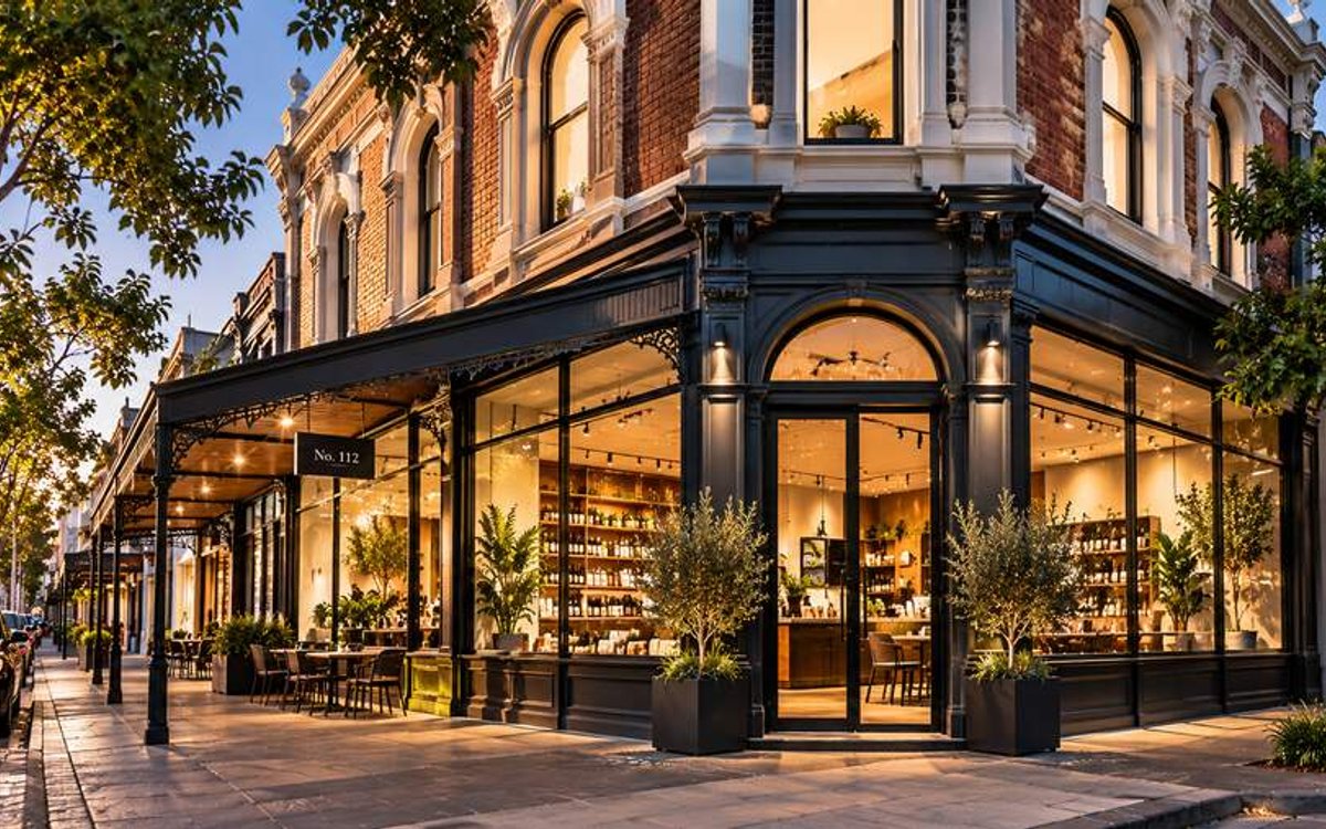 Heritage corner cafe and shop at twilight