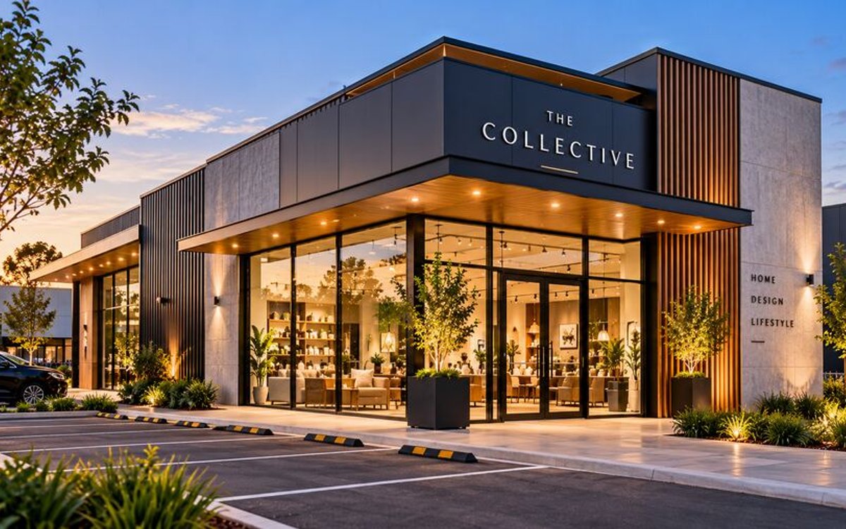 Modern showroom premises with a glazed frontage at dusk