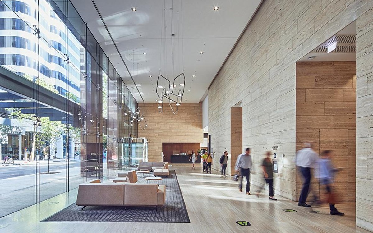 Office building lobby with lounge seating