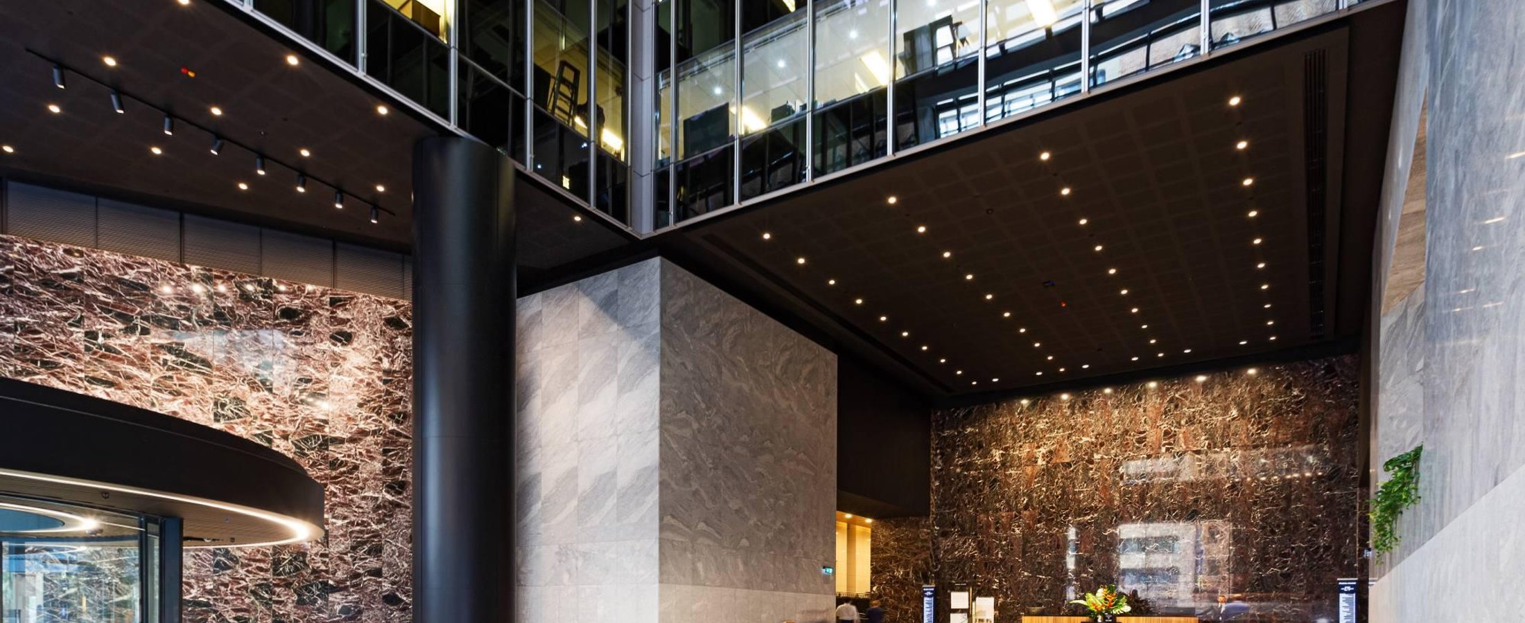 Marble lobby inside a commercial office building