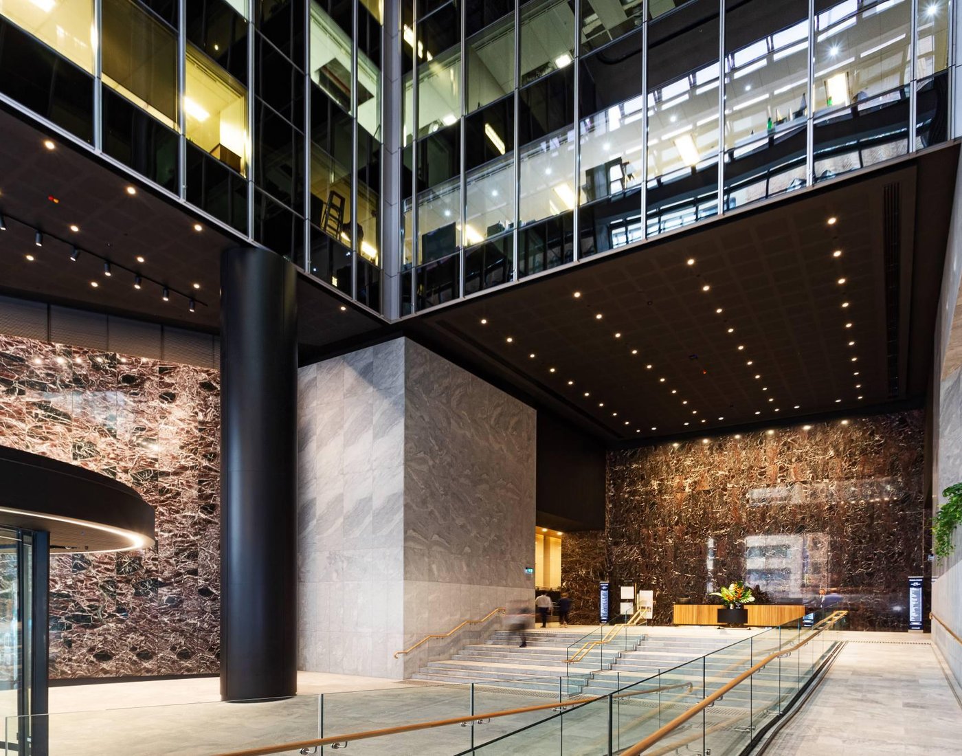 Marble lobby inside a commercial office building